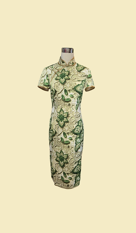 碧葉華裳短旗袍 Emerald Green Leaf short cheongsam qipao P-002