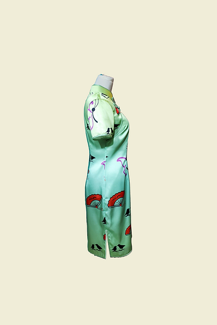 漸變綠色圖案短旗袍 Gradient green pattern short cheongsam Qipao B-012