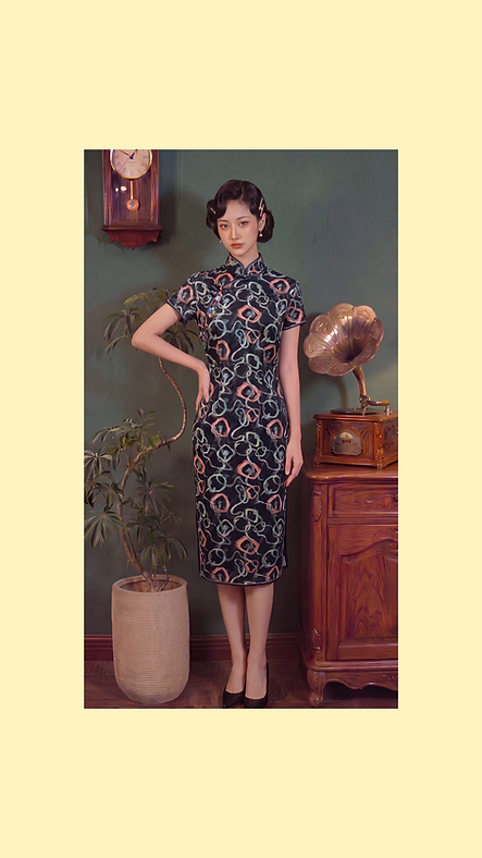 黑底彩色線條短旗袍 Short black qipao with colorful stripes P-038